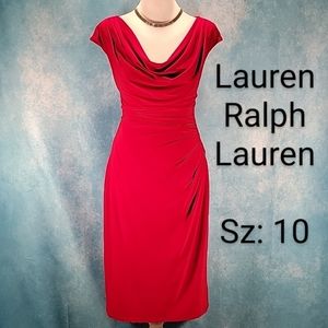 ❤Red Lauren RL Midi Dress w/ Cap Sleeves, Cowl Neck & Gorgeous Ruching!